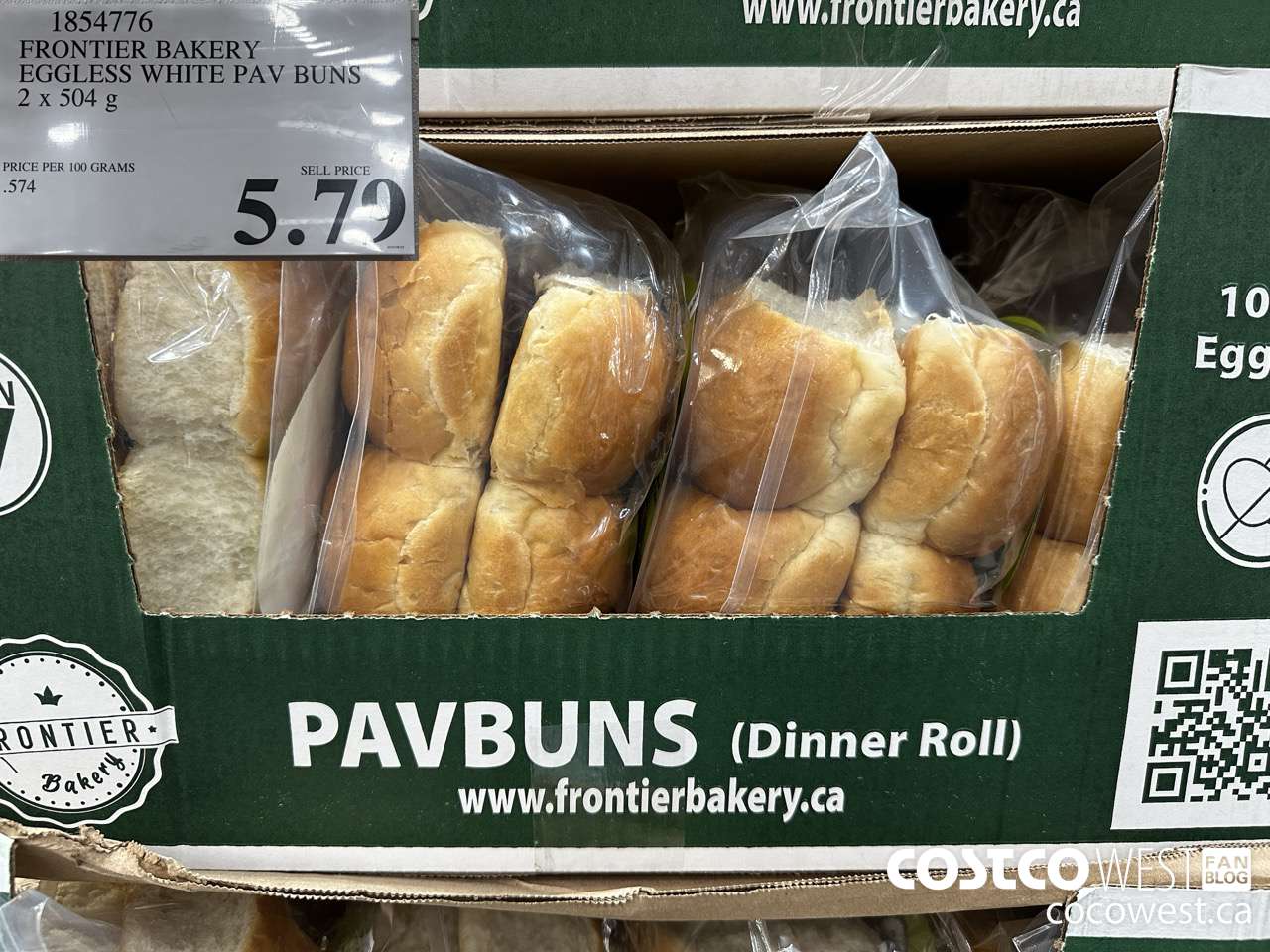 1854776 FRONTIER BAKERY EGGLESS WHITE PAV BUNS 2 X 504G $5.79