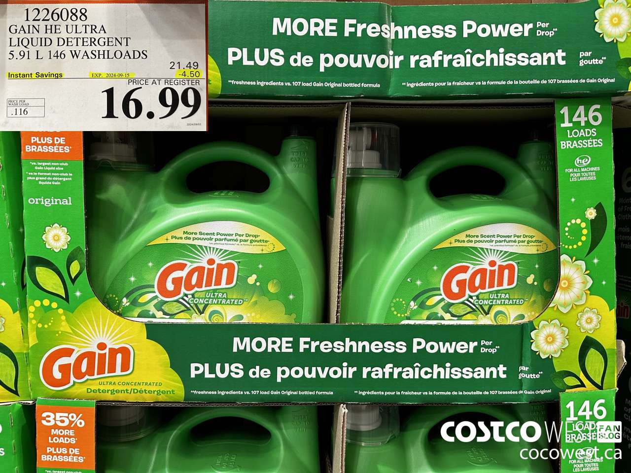 1226088 GAIN HE ULTRA LIQUID DETERGENT 5.91 L 146 WASHLOADS ($4.50 INSTANT SAVINGS EXPIRES ON 2024-09-15) $16.99