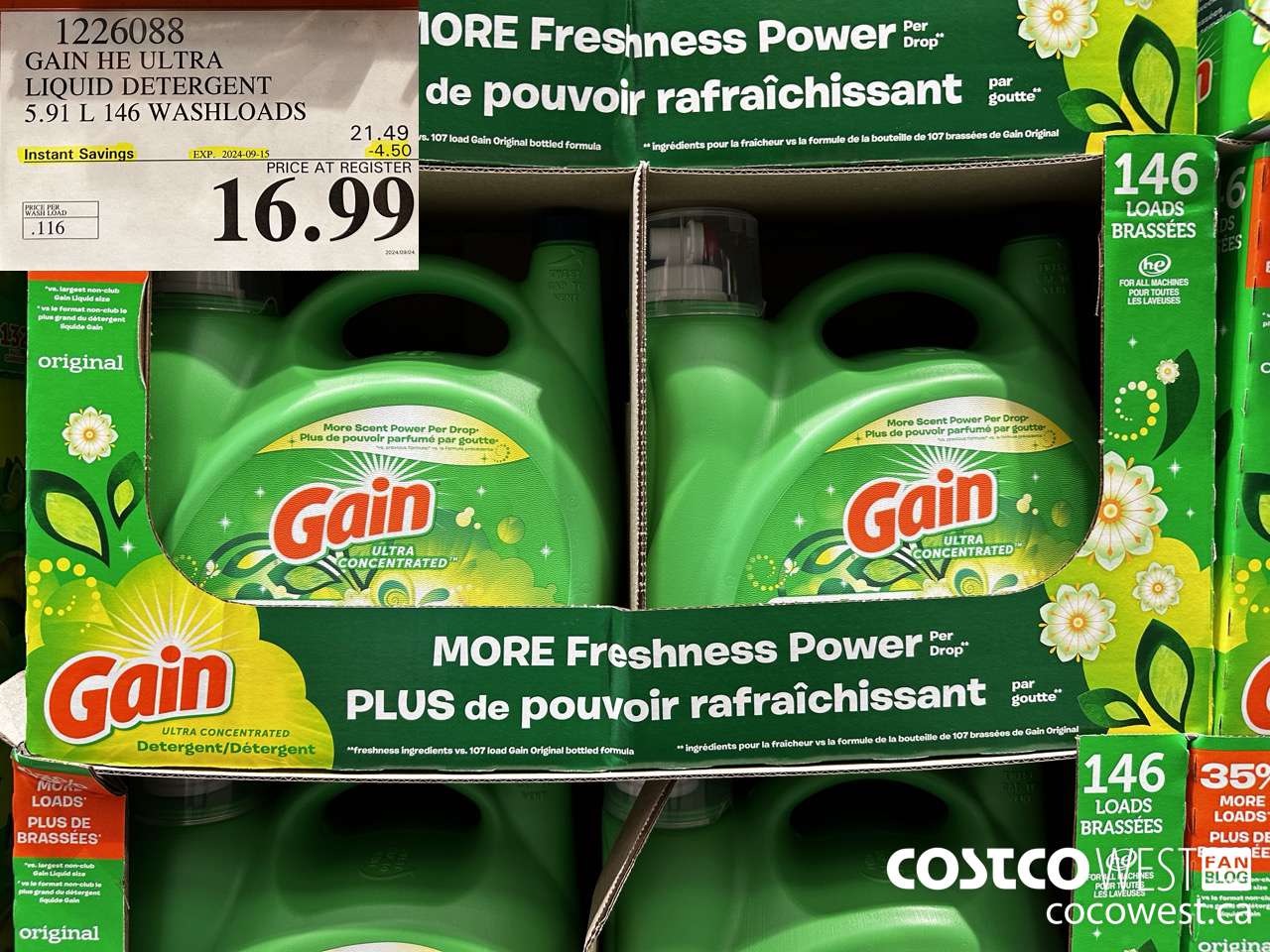 1226088 GAIN HE ULTRA LIQUID DETERGENT 5.91 L 146 WASHLOADS ($4.50 INSTANT SAVINGS EXPIRES ON 2024-09-15) $16.99