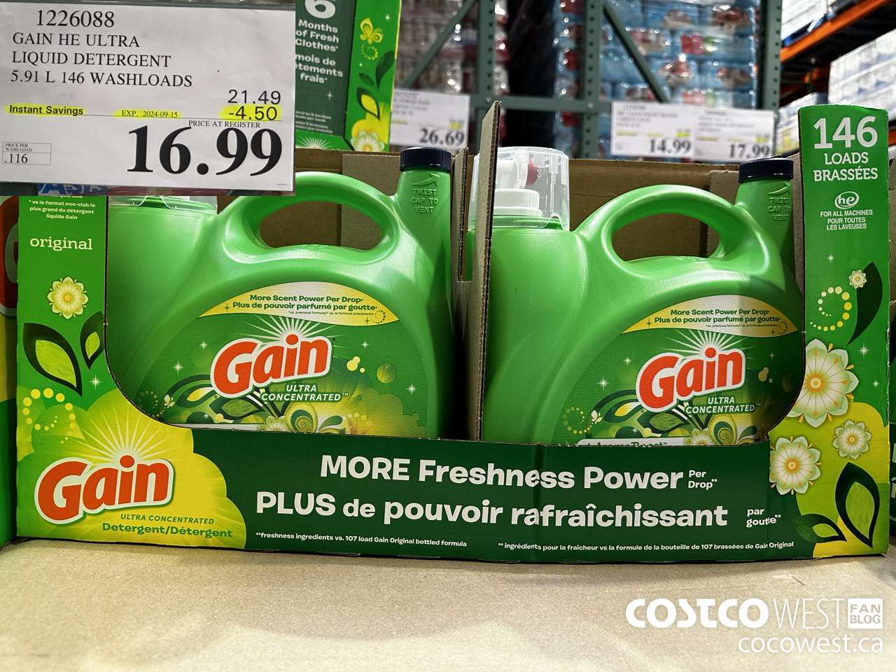 1226088 GAIN HE ULTRA LIQUID DETERGENT 5.91 L 146 WASHLOADS ($4.50 INSTANT SAVINGS EXPIRES ON 2024-09-15) $16.99
