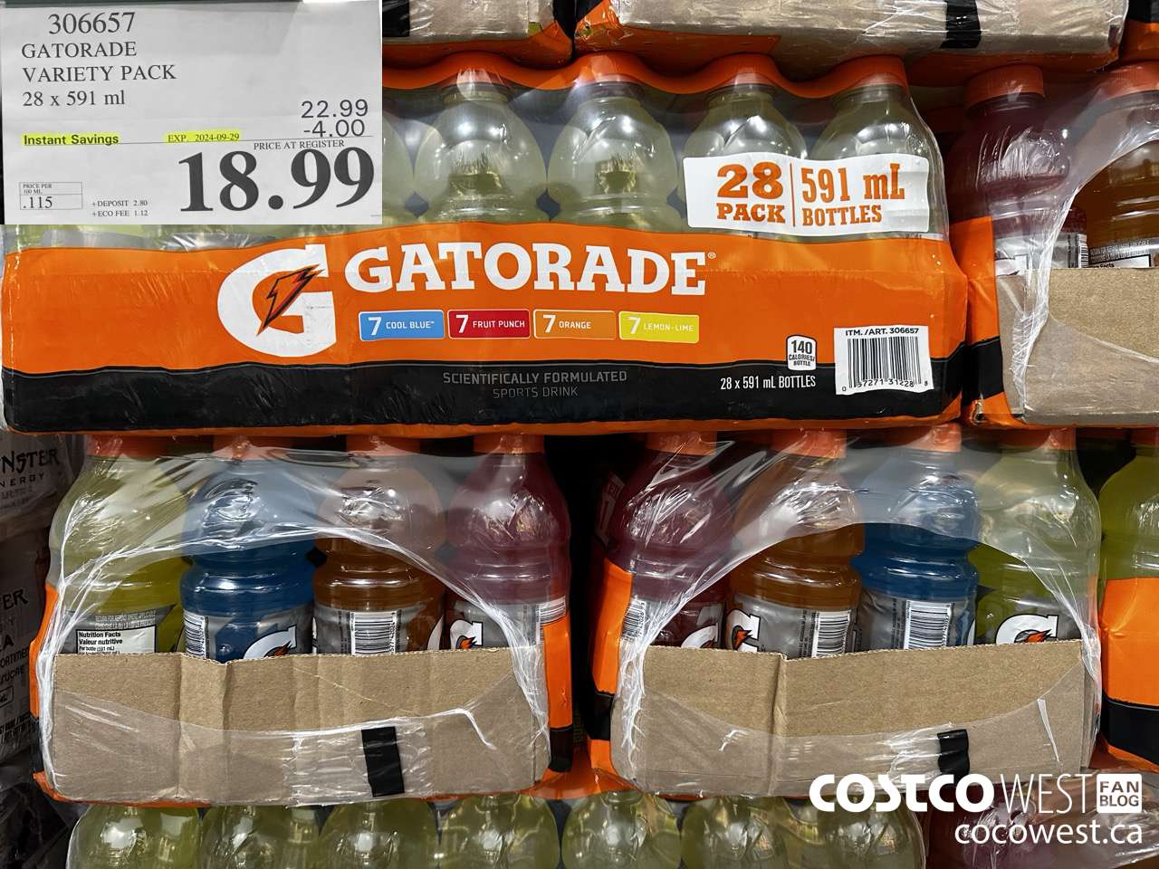 306657 GATORADE VARIETY PACK 28 x 591 ml ($4.00 INSTANT SAVINGS EXPIRES ON 2024-09-29) $18.99