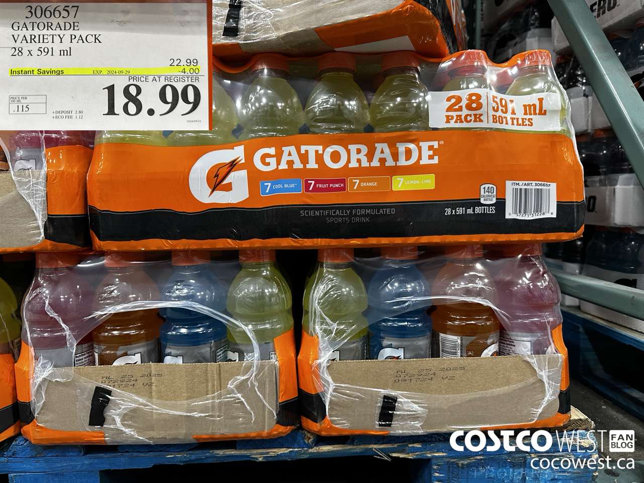 306657 GATORADE VARIETY PACK 28 x 591 ml ($4.00 INSTANT SAVINGS EXPIRES ON 2024-09-29) $18.99