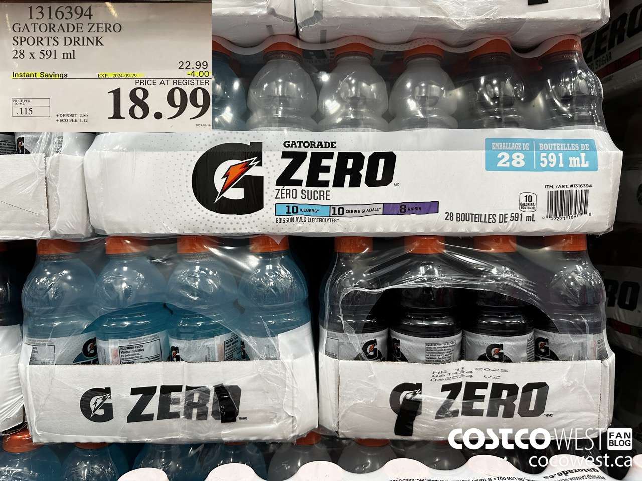 1316394 GATORADE ZERO SPORTS DRINK 28 X 591ML ($4.00 INSTANT SAVINGS EXPIRES ON 2024-09-29) $18.99