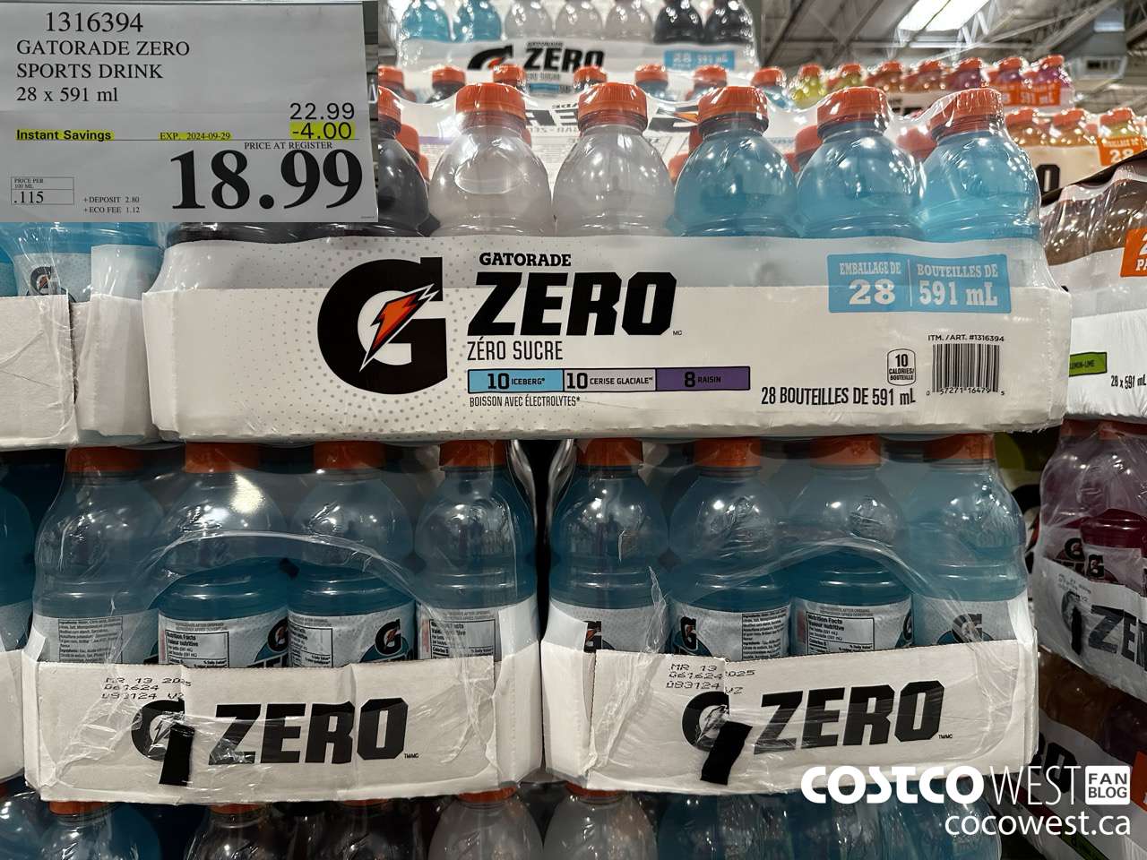 1316394 GATORADE ZERO SPORTS DRINK 28 X 591ML ($4.00 INSTANT SAVINGS EXPIRES ON 2024-09-29) $18.99