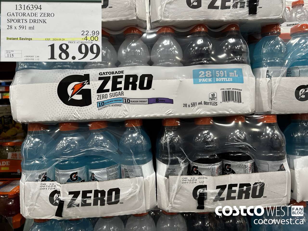 1316394 GATORADE ZERO SPORTS DRINK 28 X 591ML ($4.00 INSTANT SAVINGS EXPIRES ON 2024-09-29) $18.99