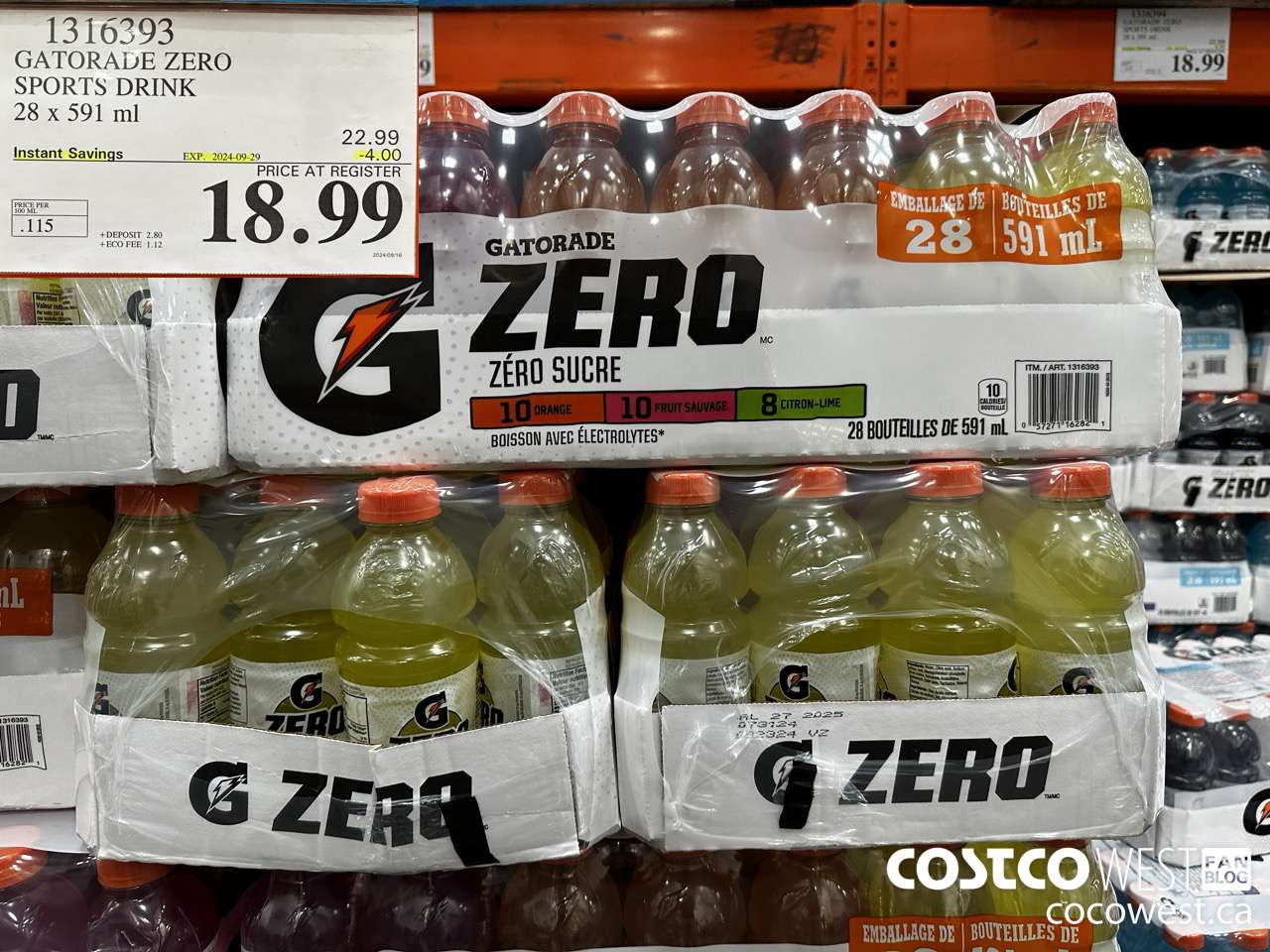1316393 GATORADE ZERO SPORTS DRINK 28 x 591 ml ($4.00 INSTANT SAVINGS EXPIRES ON 2024-09-29) $18.99