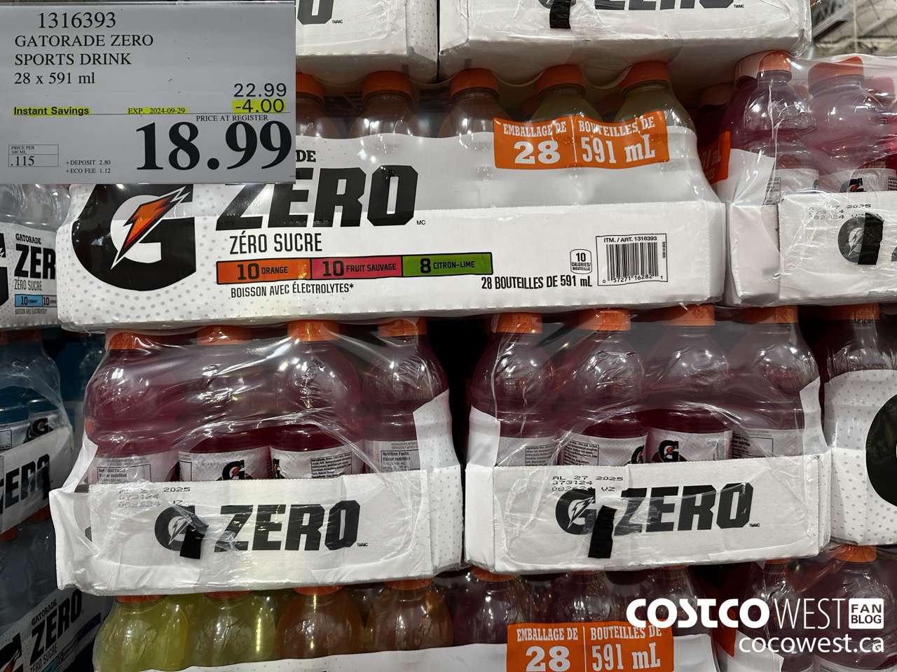 1316393 GATORADE ZERO SPORTS DRINK 28 x 591 ml ($4.00 INSTANT SAVINGS EXPIRES ON 2024-09-29) $18.99
