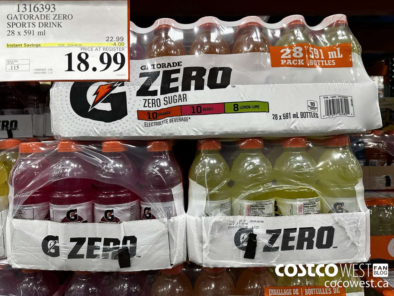 1316393 GATORADE ZERO SPORTS DRINK 28 x 591 ml ($4.00 INSTANT SAVINGS EXPIRES ON 2024-09-29) $18.99