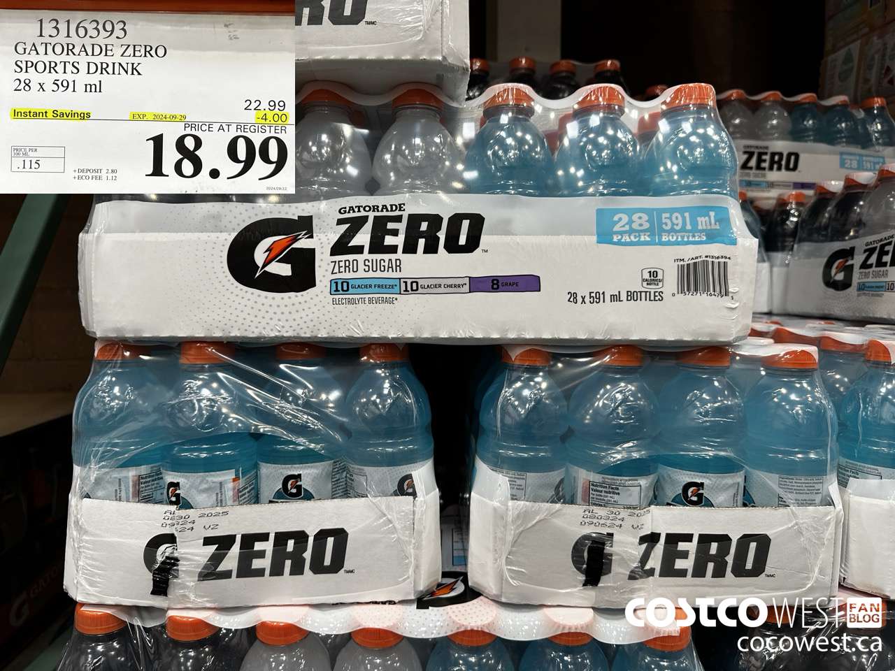 1316393 GATORADE ZERO SPORTS DRINK 28 x 591 ml ($4.00 INSTANT SAVINGS EXPIRES ON 2024-09-29) $18.99