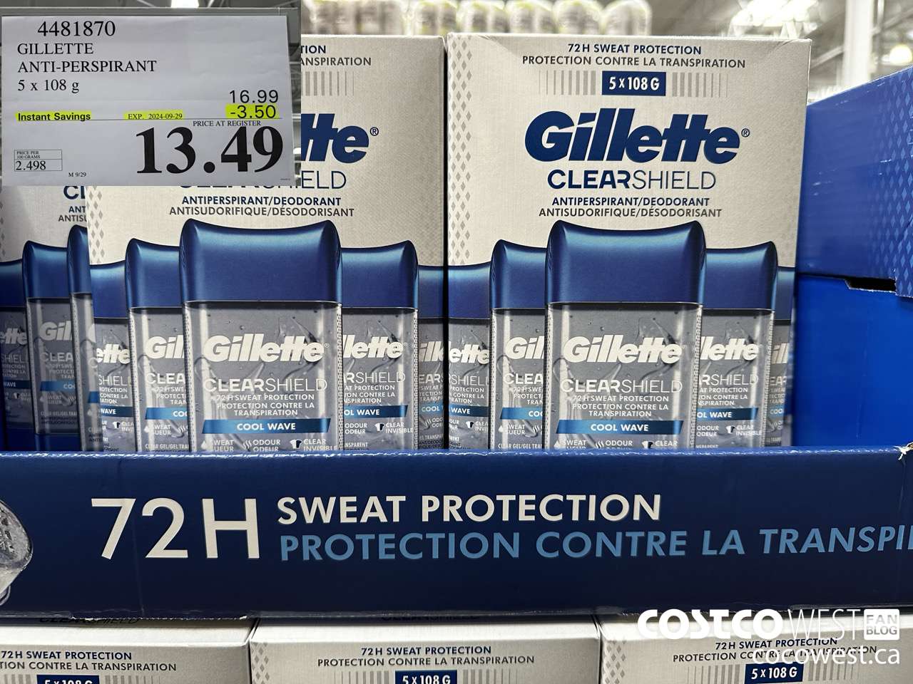 4481870 GILLETTE ANTI-PERSPIRANT 5 x 108 g ($3.50 INSTANT SAVINGS EXPIRES ON 2024-09-29) $13.49
