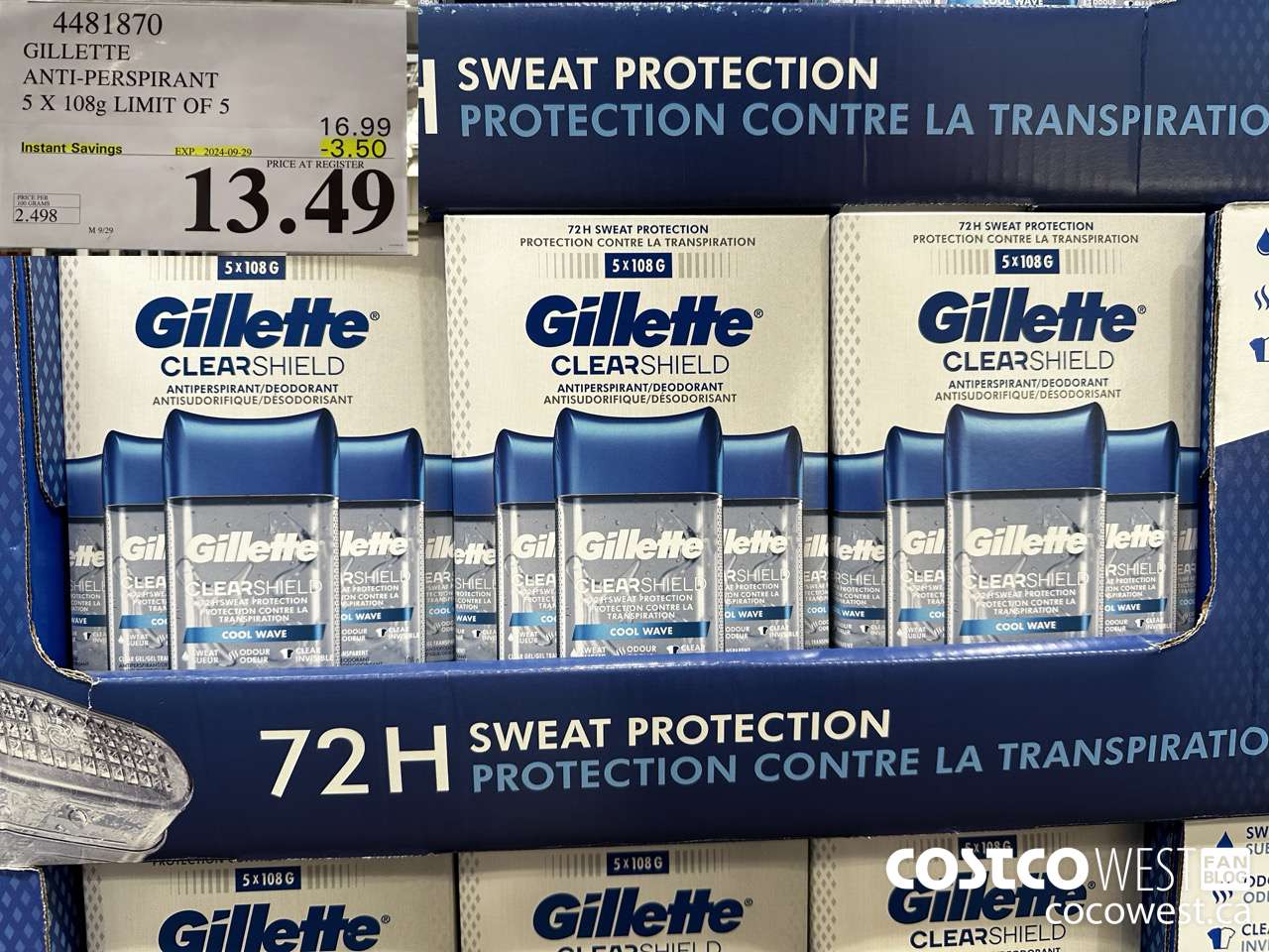 4481870 GILLETTE ANTI-PERSPIRANT 5 x 108 g ($3.50 INSTANT SAVINGS EXPIRES ON 2024-09-29) $13.49