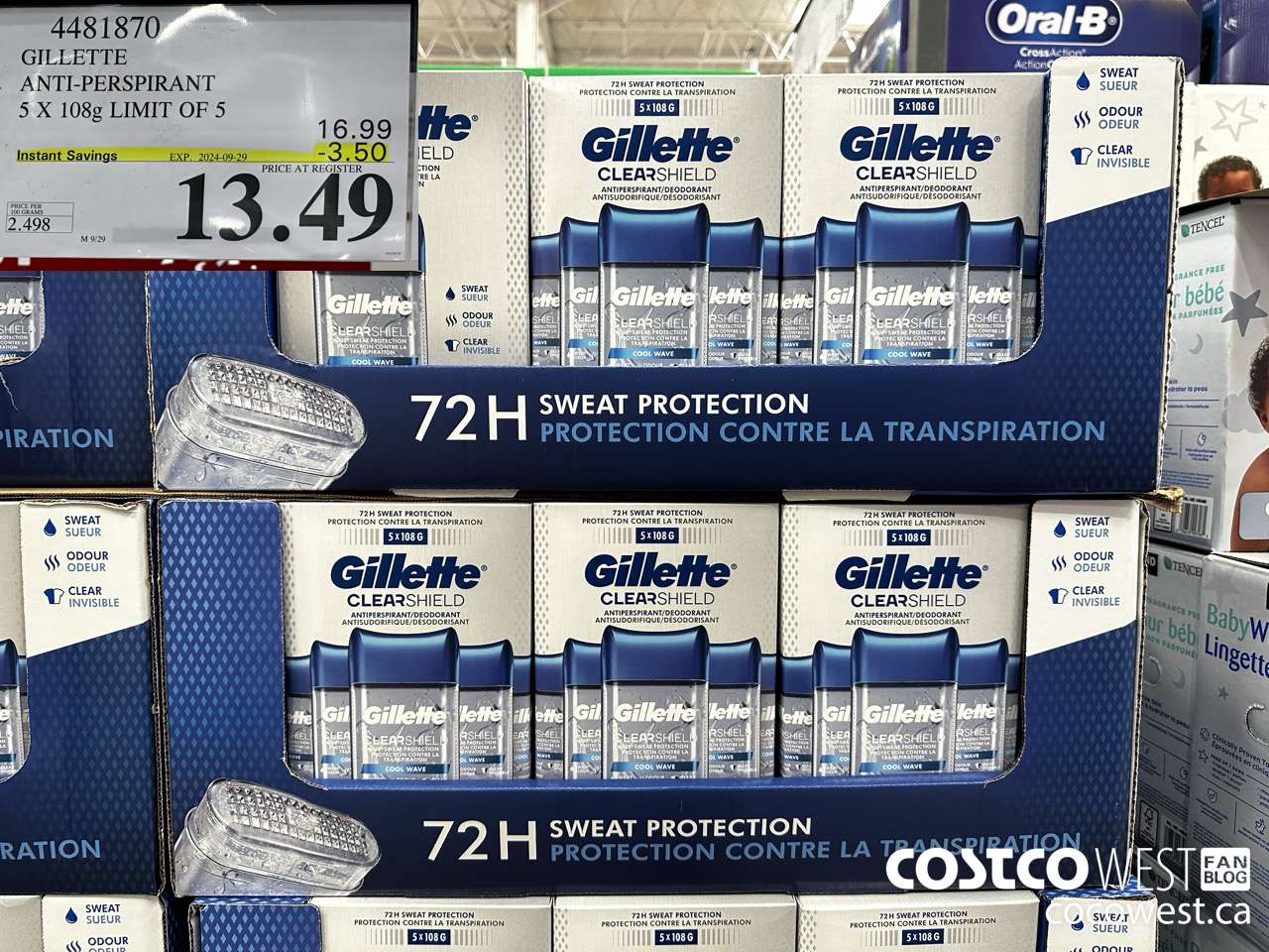 4481870 GILLETTE ANTI-PERSPIRANT 5 x 108 g ($3.50 INSTANT SAVINGS EXPIRES ON 2024-09-29) $13.49