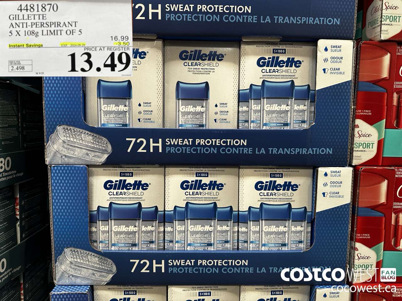 4481870 GILLETTE ANTI-PERSPIRANT 5 x 108 g ($3.50 INSTANT SAVINGS EXPIRES ON 2024-09-29) $13.49