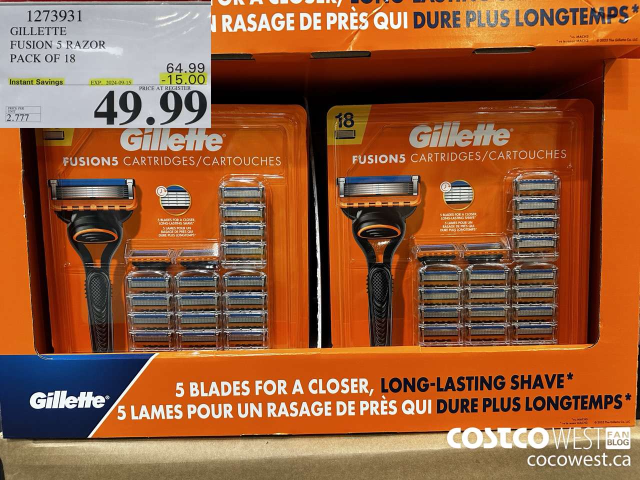 1273931 GILLETTE FUSIONS CARTRIDGES PACK OF 18 ($15.00 INSTANT SAVINGS EXPIRES ON 2024-09-15) $49.99