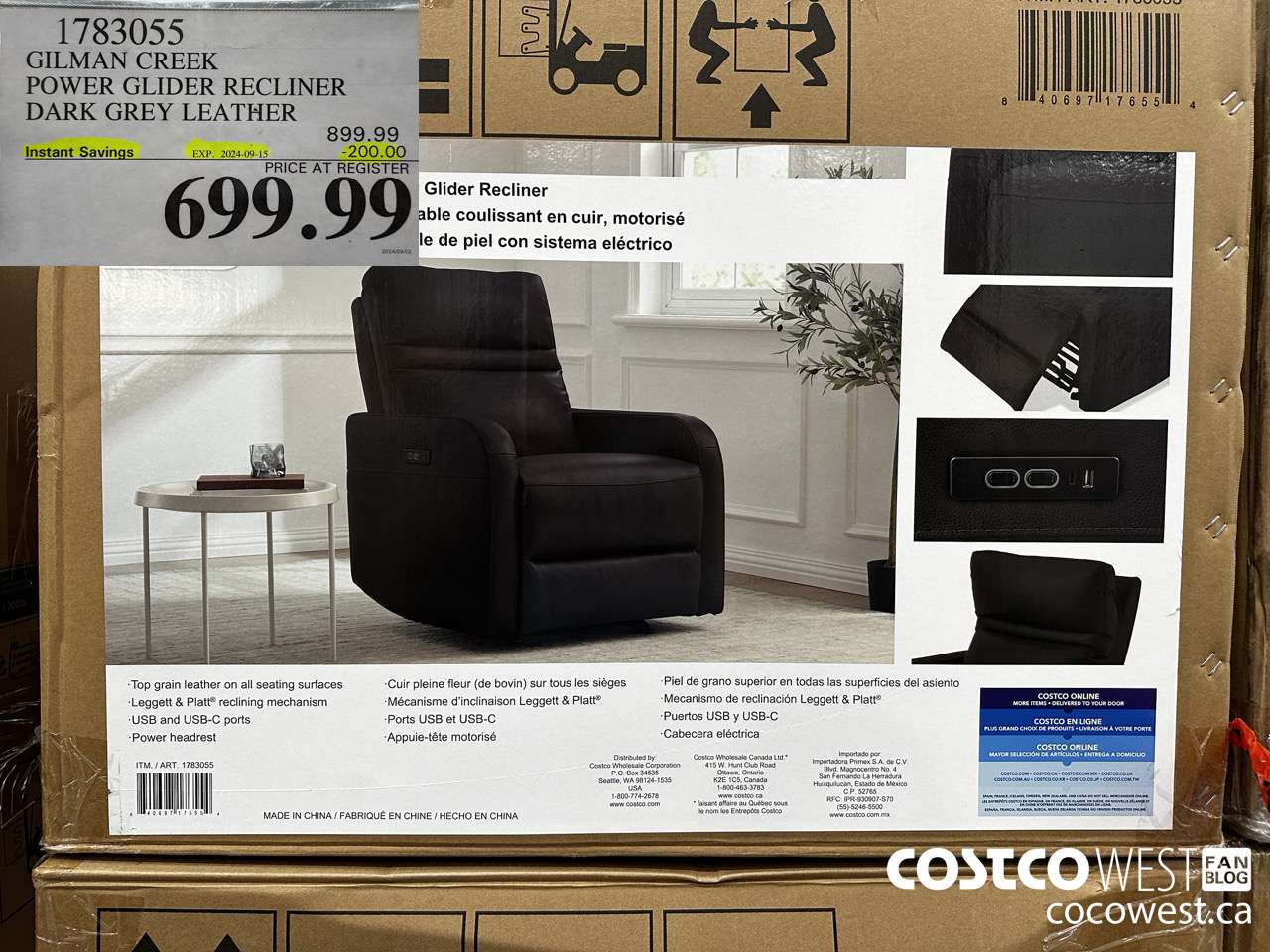 1783055 GILMAN CREEK POWER GLIDER RECLINER DARK GREY LEATHER ($200.00 INSTANT SAVINGS EXPIRES ON 2024-09-15) $699.99