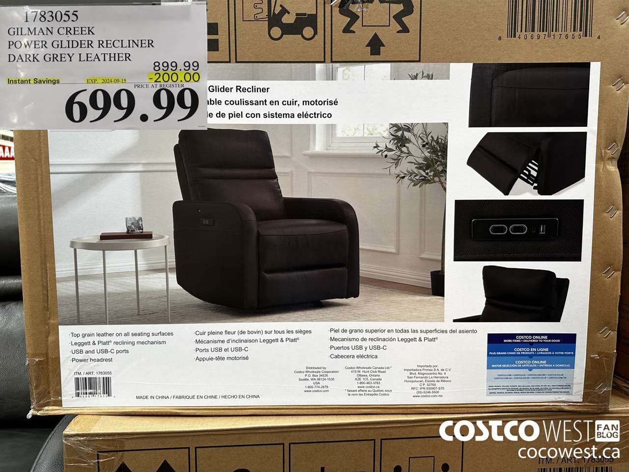 1783055 GILMAN CREEK POWER GLIDER RECLINER DARK GREY LEATHER ($200.00 INSTANT SAVINGS EXPIRES ON 2024-09-15) $699.99