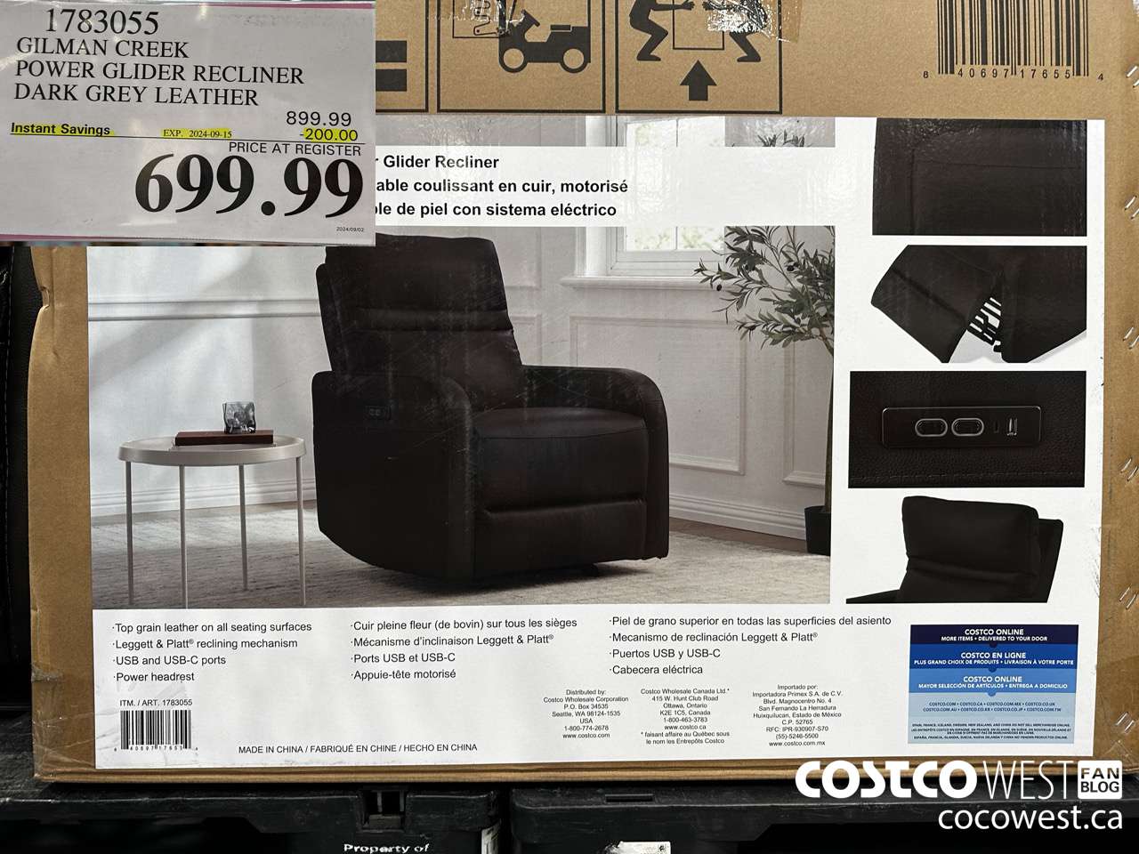 1783055 GILMAN CREEK POWER GLIDER RECLINER DARK GREY LEATHER ($200.00 INSTANT SAVINGS EXPIRES ON 2024-09-15) $699.99