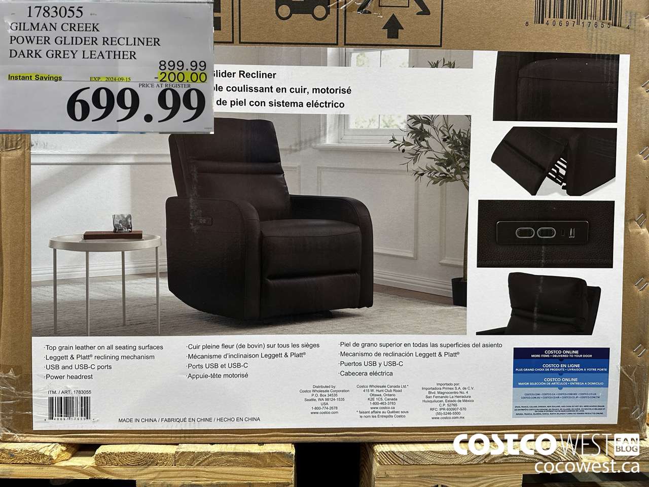 1783055 GILMAN CREEK POWER GLIDER RECLINER DARK GREY LEATHER ($200.00 INSTANT SAVINGS EXPIRES ON 2024-09-15) $699.99