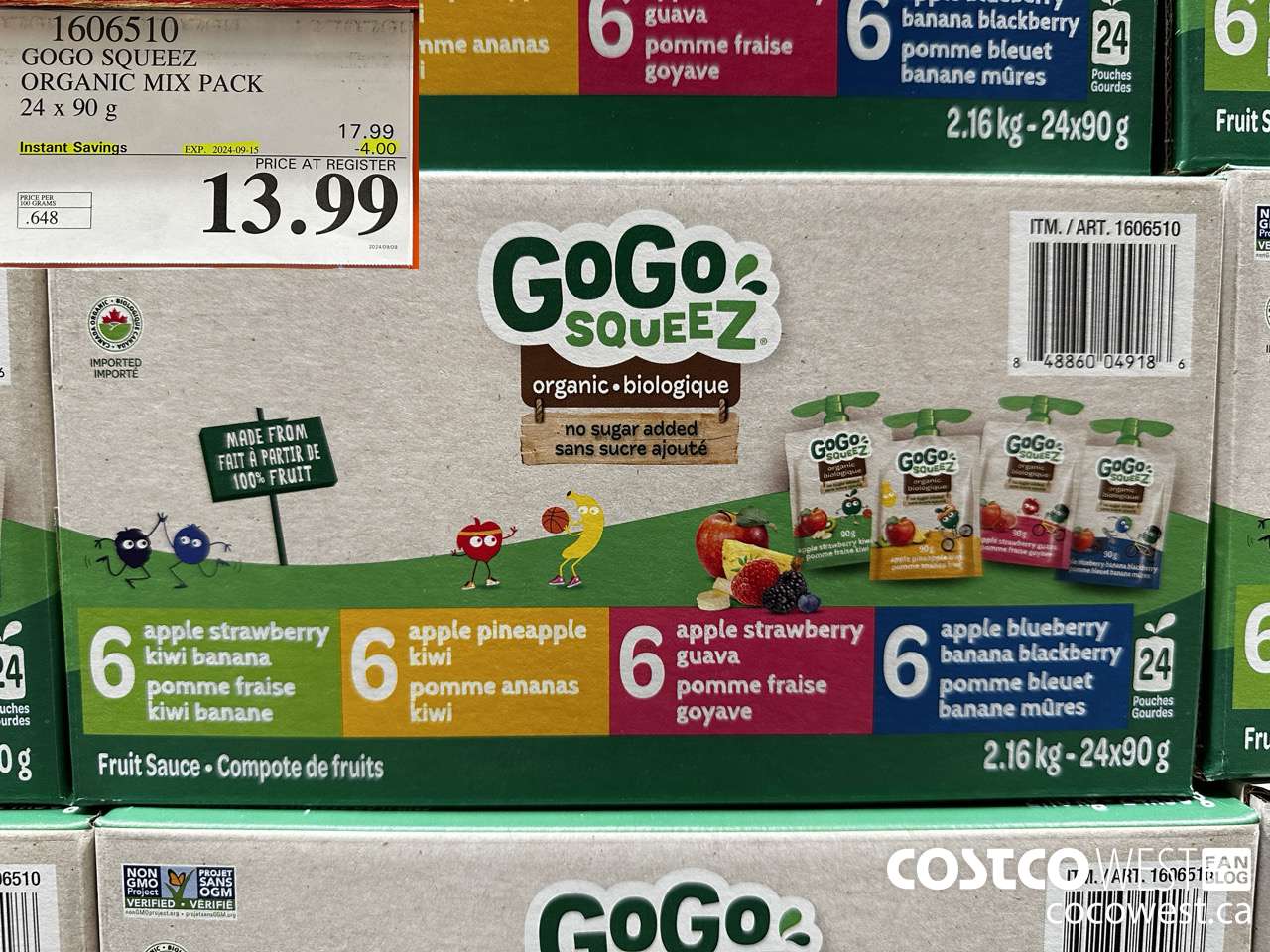 1606510 GOGO SQUEEZ ORGANIC MIX PACK 24 X 90 G ($4.00 INSTANT SAVINGS EXPIRES ON 2024-09-15) $13.99