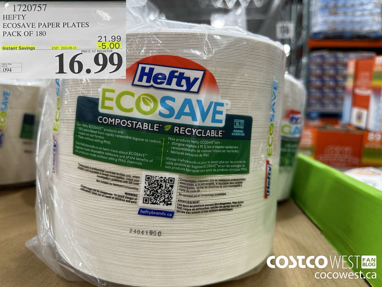 1720757 HEFTY ECOSAVE PAPER PLATES PACK OF 180 ($5.00 INSTANT SAVINGS EXPIRES ON 2024-09-15) $16.99