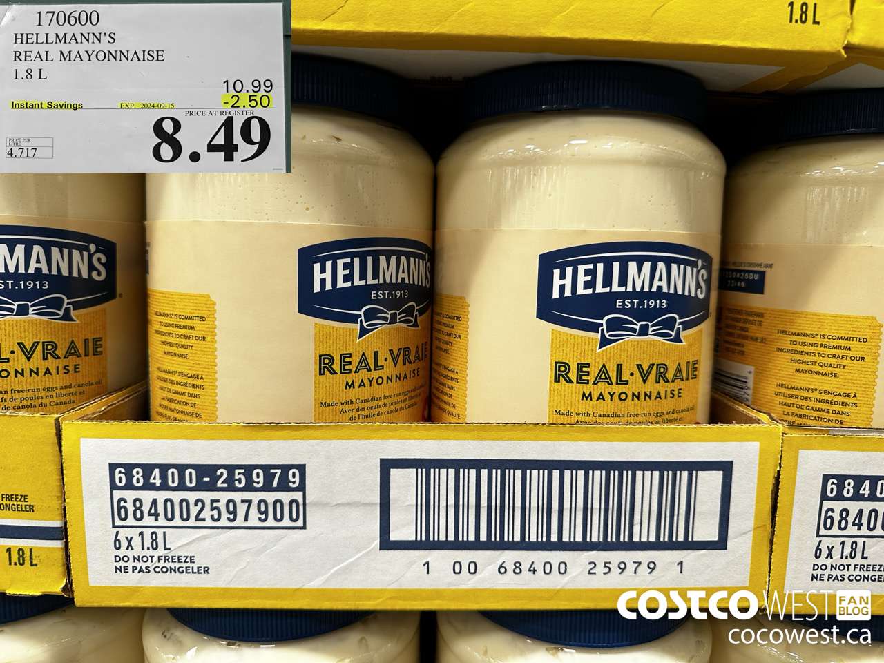 170600 HELLMANN'S REGULAR MAYONNAISE 1.8 L ($2.50 INSTANT SAVINGS EXPIRES ON 2024-09-15) $8.49