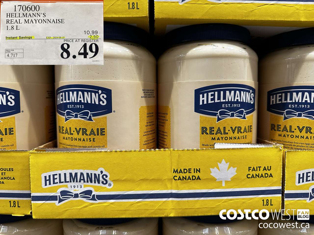 170600 HELLMANN'S REGULAR MAYONNAISE 1.8 L ($2.50 INSTANT SAVINGS EXPIRES ON 2024-09-15) $8.49