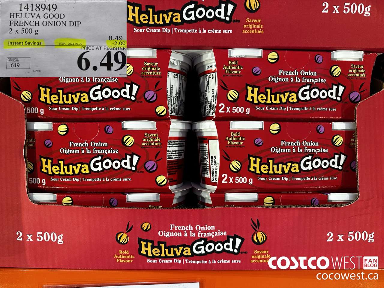 1418949 HELUVA GOOD FRENCH ONION DIP 2 x 500g ($2.00 INSTANT SAVINGS EXPIRES ON 2024-09-29) $6.49