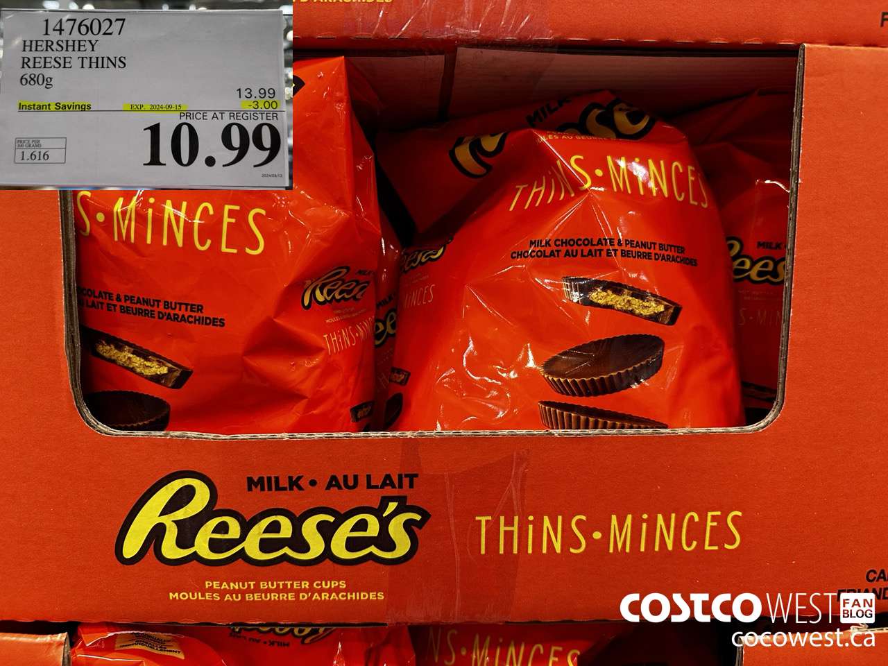 1476027 HERSHEY REESE THINS 680g ($3.00 INSTANT SAVINGS EXPIRES ON 2024-09-15) $10.99