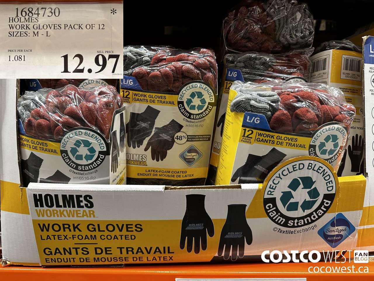 1684730 HOLMES WORK GLOVES PACK OF 12 SIZES: M-L $12.97