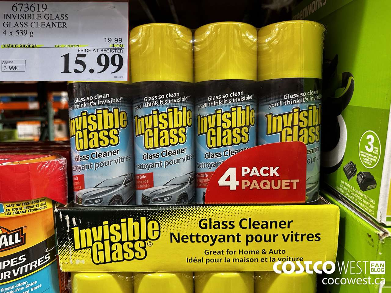 673619 INVISIBLE GLASS GLASS CLEANER 4 X 539 g ($4.00 INSTANT SAVINGS EXPIRES ON 2024-09-29) $15.99