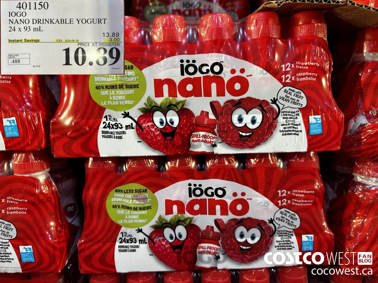 401150 IOGO NANO DRINKABLE YOGURT 24 x 93 mL ($3.00 INSTANT SAVINGS EXPIRES ON 2024-09-29) $10.89