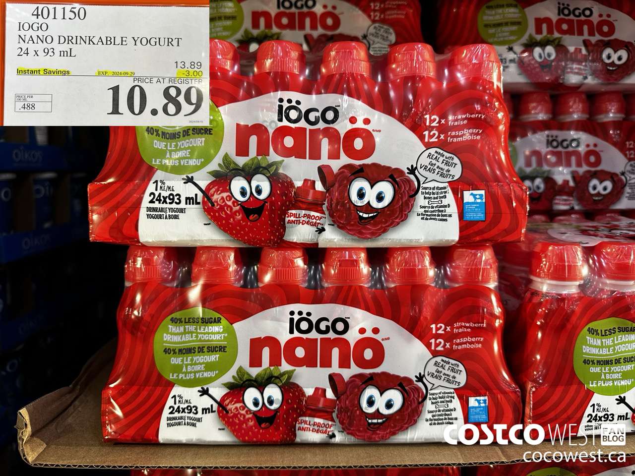 401150 IOGO NANO DRINKABLE YOGURT 24 x 93 mL ($3.00 INSTANT SAVINGS EXPIRES ON 2024-09-29) $10.89