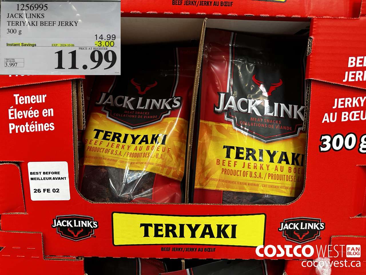 1256995 JACK LINKS TERIYAKI BEEF JERKY 300g ($3.00 INSTANT SAVINGS EXPIRES ON 2024-10-06) $11.99