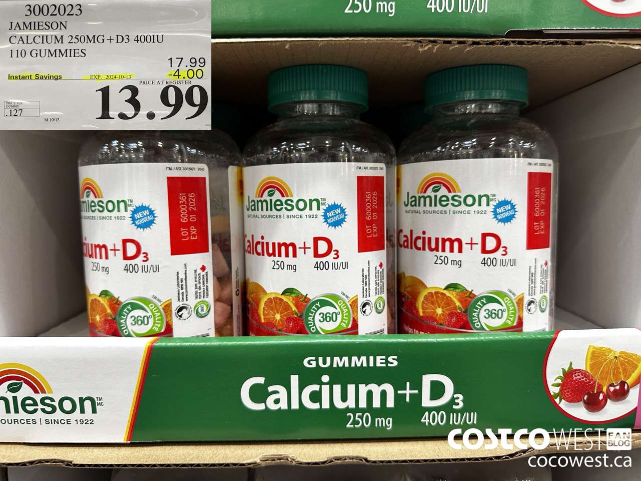 3002023 JAMIESON CALCIUM 250MG + D3 400IU 110 GUMMIES ($4.00 INSTANT SAVINGS EXPIRES ON 2024-10-13) $13.99