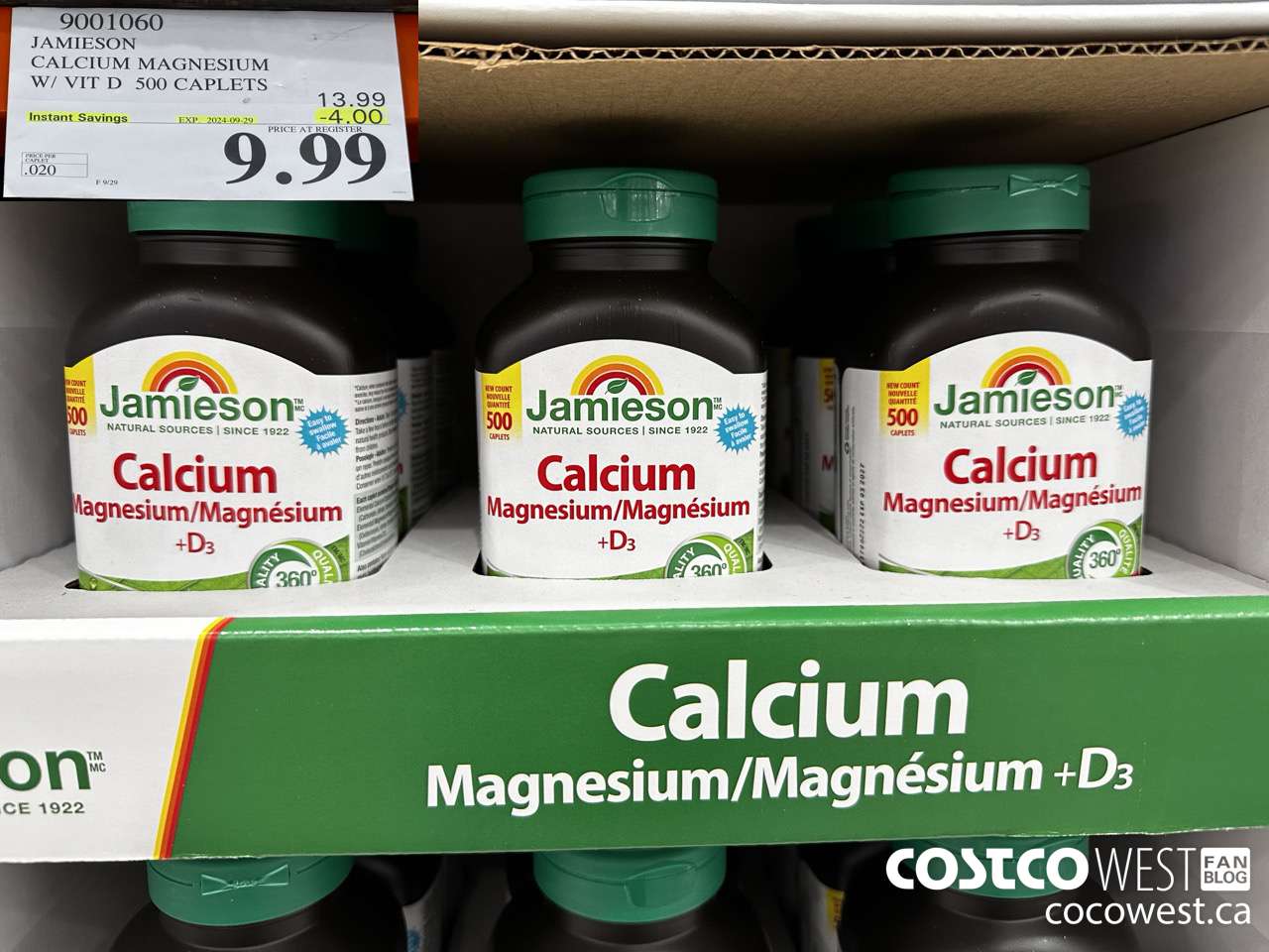 9001060 JAMIESON CALCIUM MAGNESIUM W/ VIT D 500 CAPLETS ($4.00 INSTANT SAVINGS EXPIRES ON 2024-09-29) $9.99