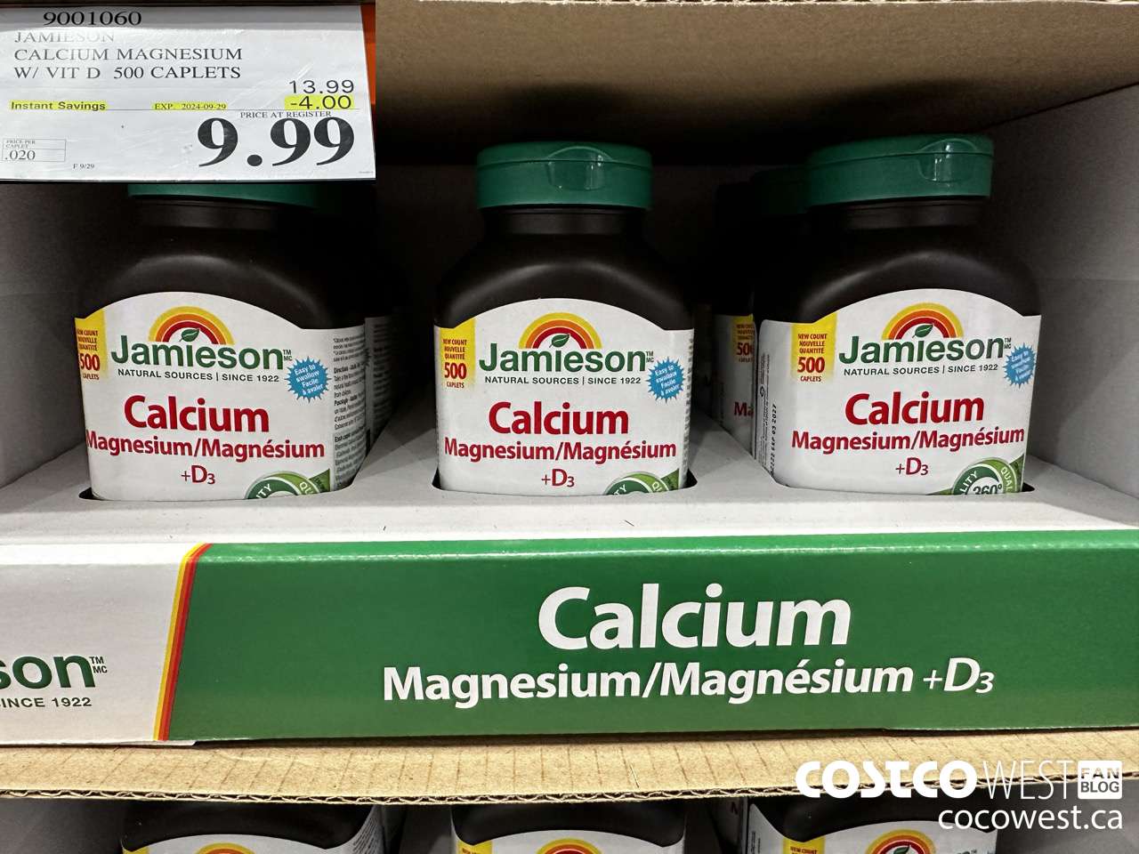 9001060 JAMIESON CALCIUM MAGNESIUM W/ VIT D 500 CAPLETS ($4.00 INSTANT SAVINGS EXPIRES ON 2024-09-29) $9.99