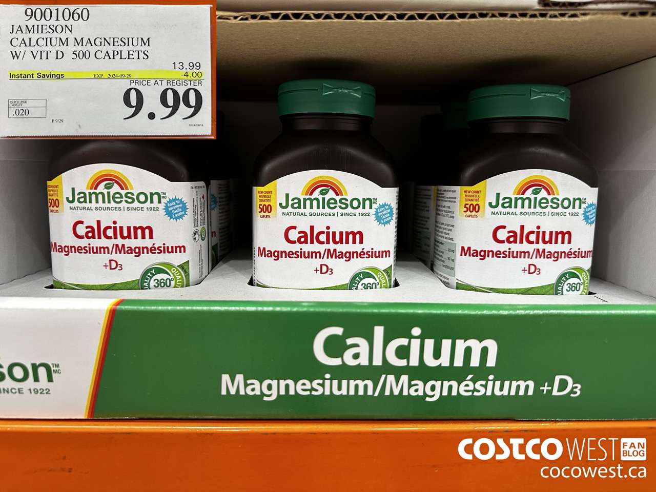 9001060 JAMIESON CALCIUM MAGNESIUM W/ VIT D 500 CAPLETS ($4.00 INSTANT SAVINGS EXPIRES ON 2024-09-29) $9.99