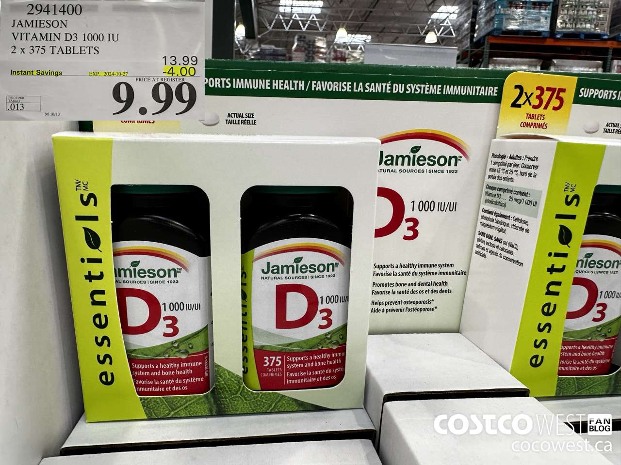 2941400 JAMIESON VITAMIN D3 1000IU 2X375 TABLETS ($4.00 INSTANT SAVINGS EXPIRES ON 2024-10-27) $9.99