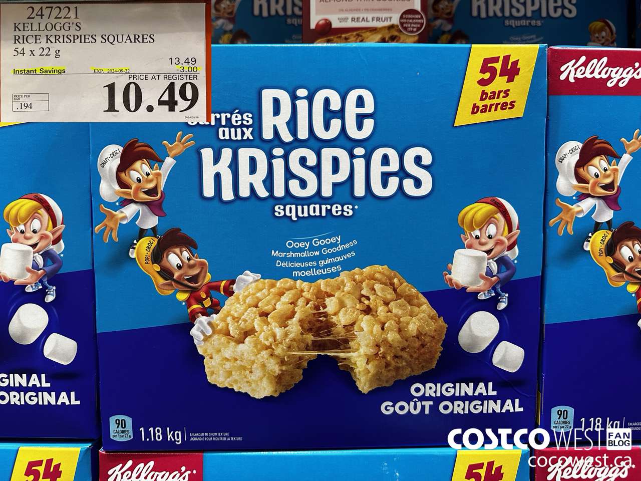 247221 KELLOGG'S RICE KRISPIES SQUARES 54 X 22 G ($3.00 INSTANT SAVINGS EXPIRES ON 2024-09-22) $10.49