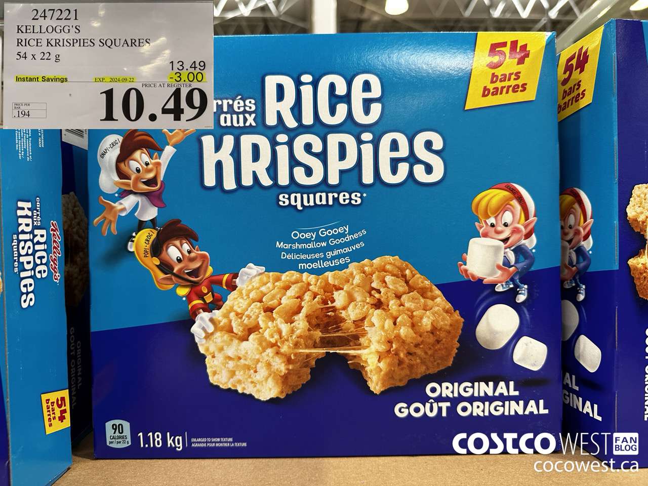 247221 KELLOGG'S RICE KRISPIES SQUARES 54 X 22 G ($3.00 INSTANT SAVINGS EXPIRES ON 2024-09-22) $10.49