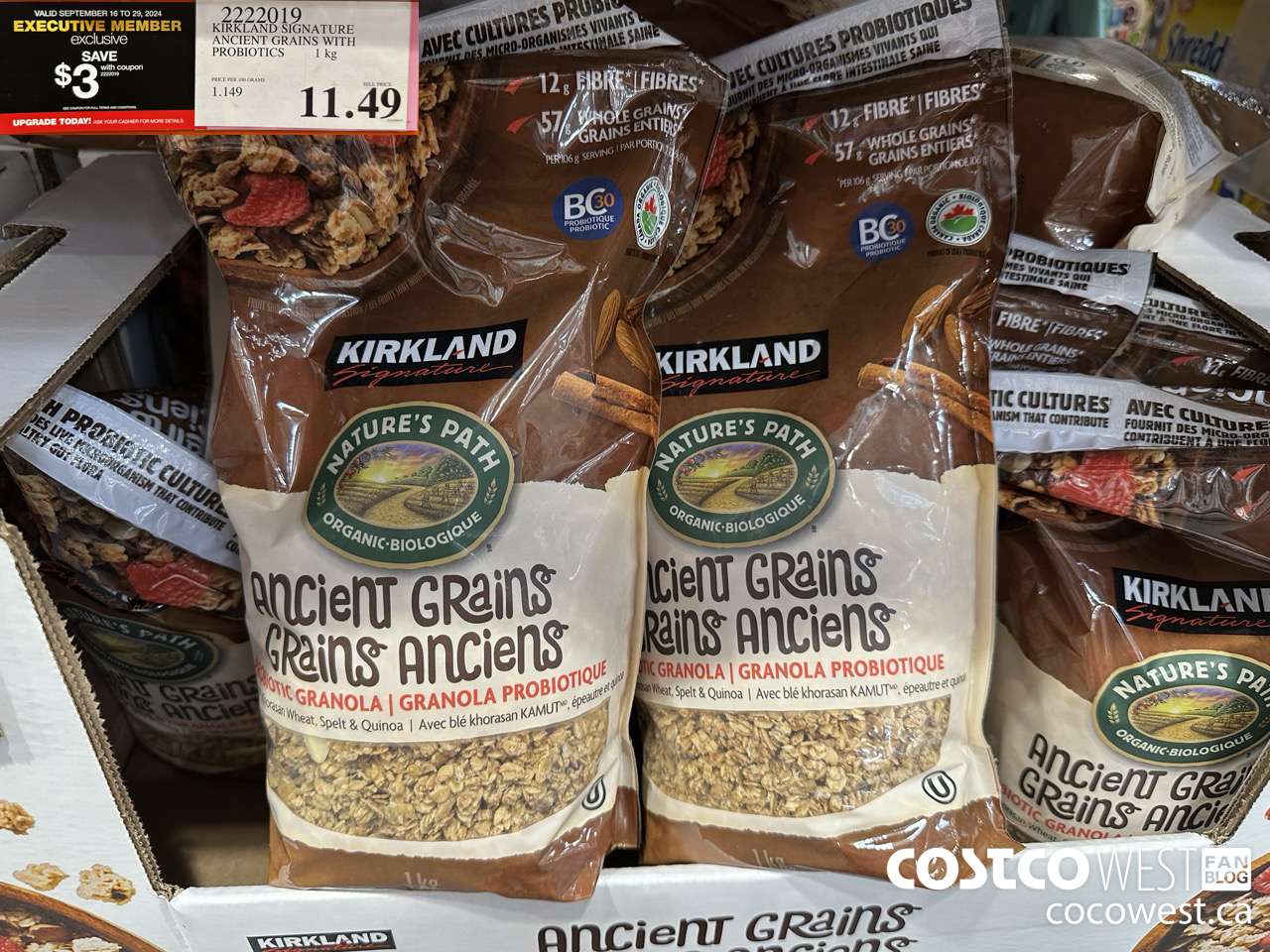 2222019 KIRKLAND SIGNATURE ANCIENT GRAINS WITH PROBIOTICS 1KG ($3.00 INSTANT SAVINGS EXPIRES ON 2024-09-29) $8.49