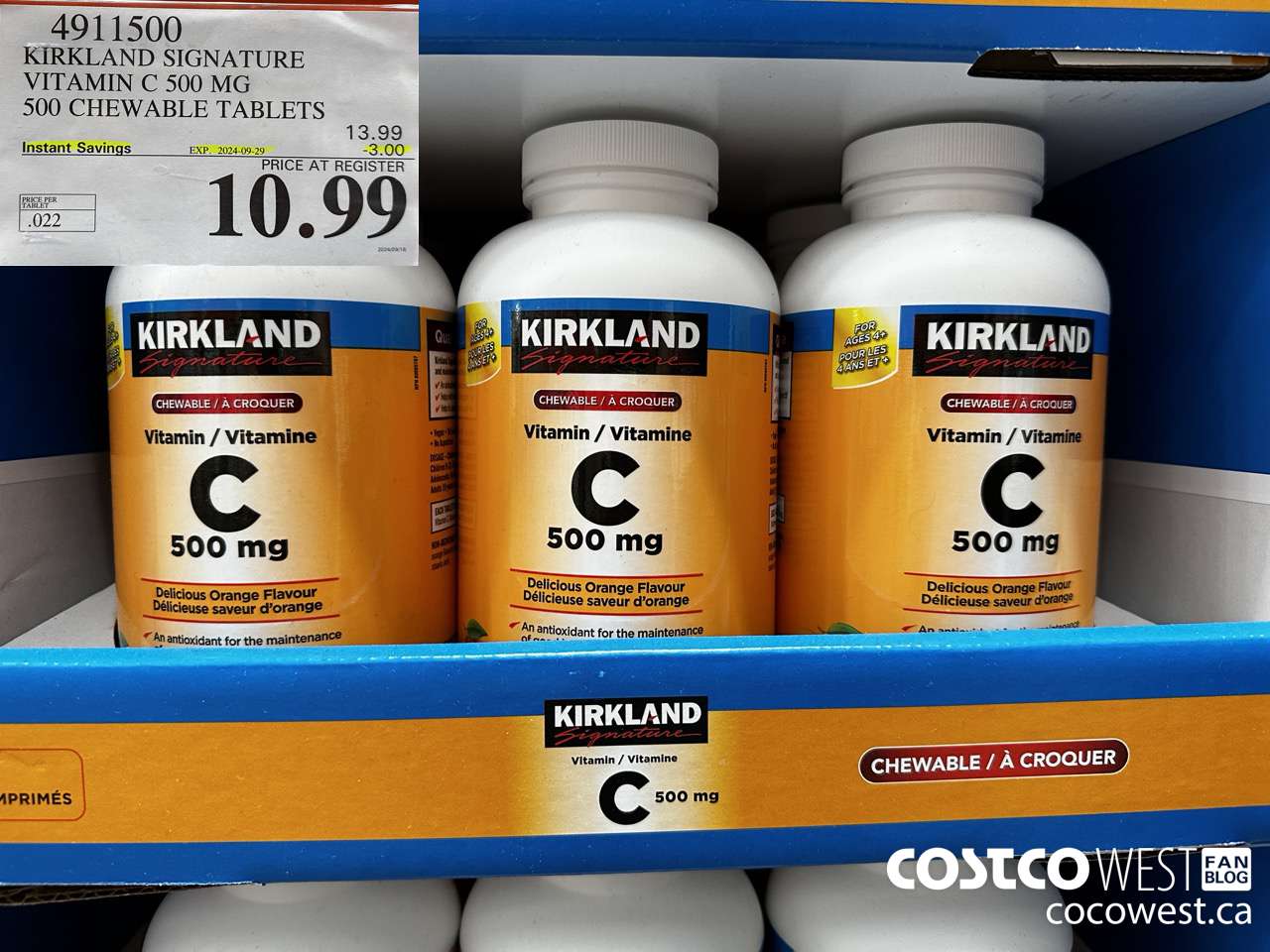 4911500 KIRKLAND SIGNATURE CHEWABLE VITAMIN C 500 MG 500s ($3.00 INSTANT SAVINGS EXPIRES ON 2024-09-29) $10.99