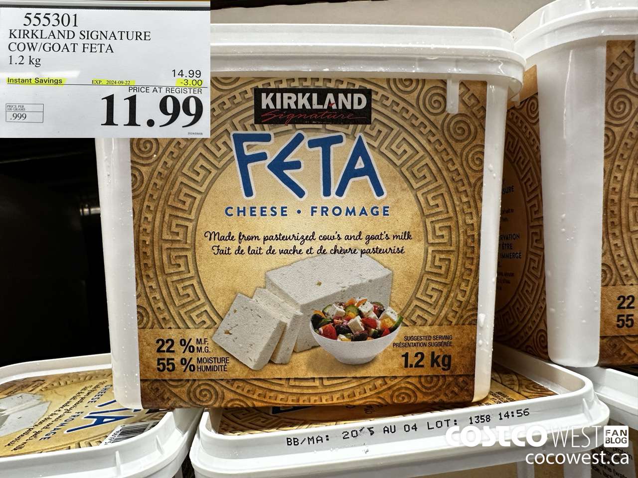 555301 KIRKLAND SIGNATURE COW/GOAT FETA 1.2 kg ($3.00 INSTANT SAVINGS EXPIRES ON 2024-09-22) $11.99