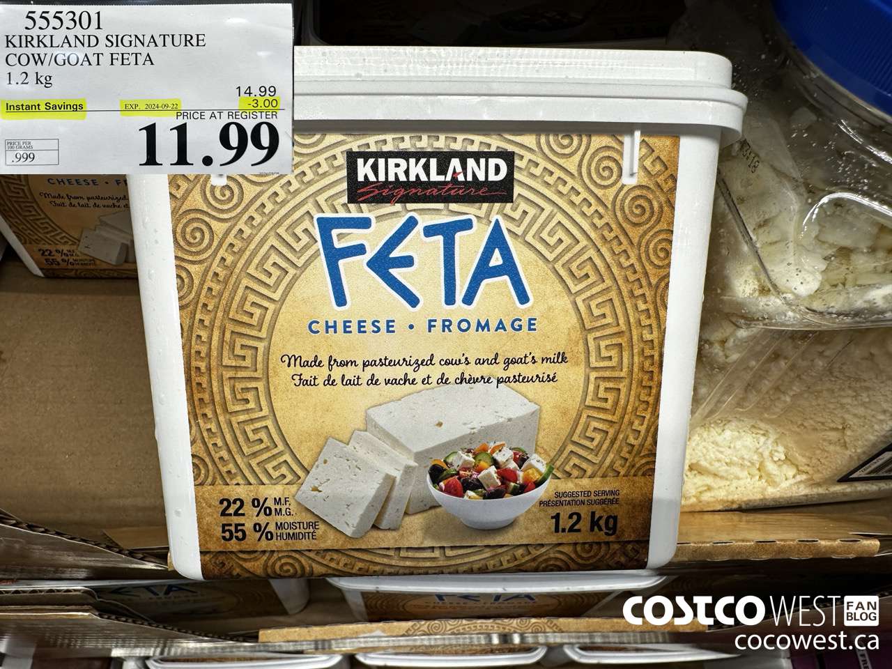 555301 KIRKLAND SIGNATURE COW/GOAT FETA 1.2 kg ($3.00 INSTANT SAVINGS EXPIRES ON 2024-09-22) $11.99