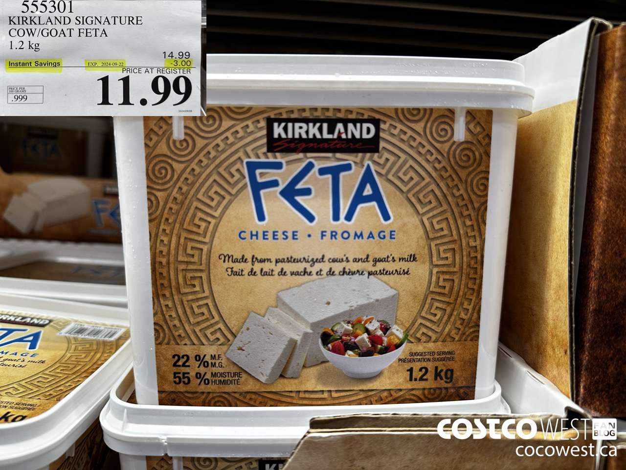 555301 KIRKLAND SIGNATURE COW/GOAT FETA 1.2 kg ($3.00 INSTANT SAVINGS EXPIRES ON 2024-09-22) $11.99