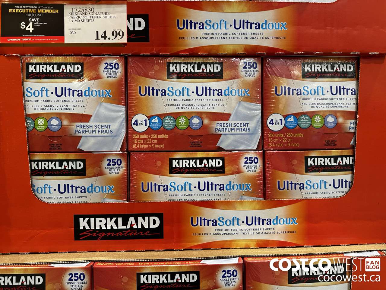 1725830 KIRKLAND SIGNATURE FABRIC SOFTENER SHEETS 2 X 250 SHEETS ($4.00 INSTANT SAVINGS EXPIRES ON 2024-09-29) $10.99