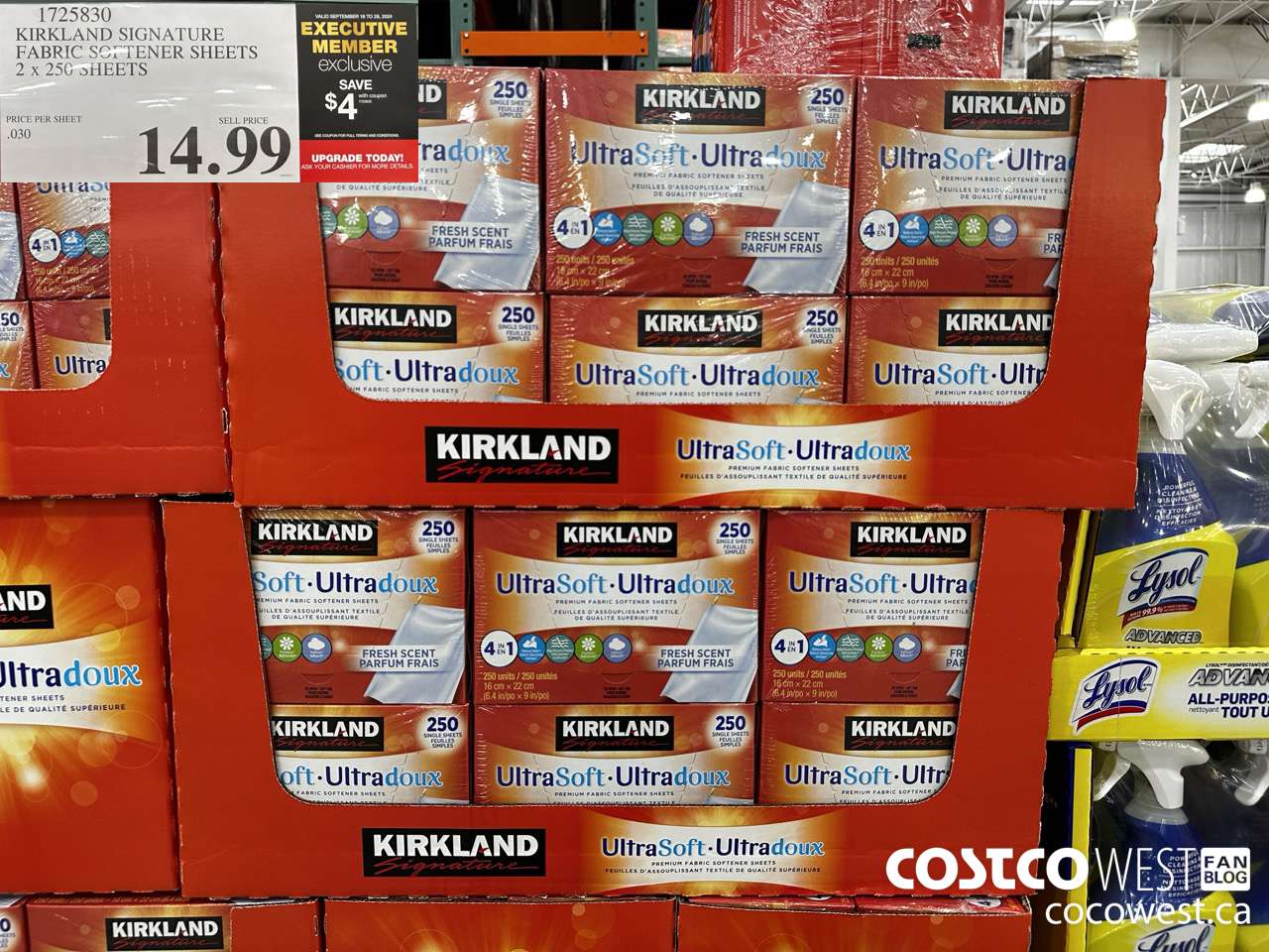 1725830 KIRKLAND SIGNATURE FABRIC SOFTENER SHEETS 2 X 250 SHEETS ($4.00 INSTANT SAVINGS EXPIRES ON 2024-09-29) $10.99