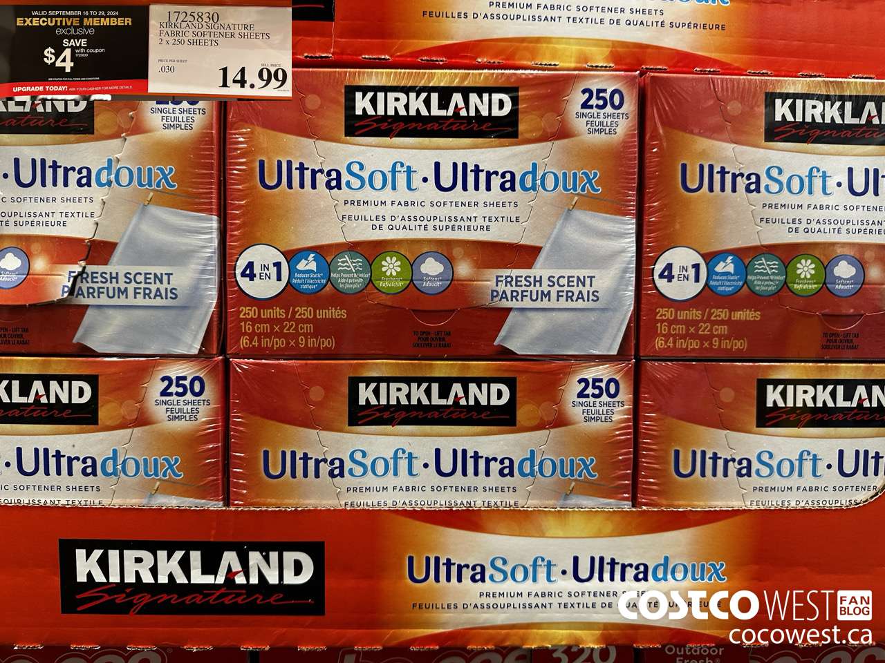 1725830 KIRKLAND SIGNATURE FABRIC SOFTENER SHEETS 2 X 250 SHEETS ($4.00 INSTANT SAVINGS EXPIRES ON 2024-09-29) $10.99