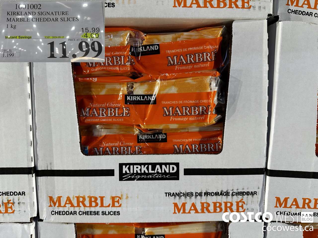 1001002 KIRKLAND SIGNATURE MARBLE CHEDDAR SLICES 1KG ($4.00 INSTANT SAVINGS EXPIRES ON 2024-09-15) $11.99