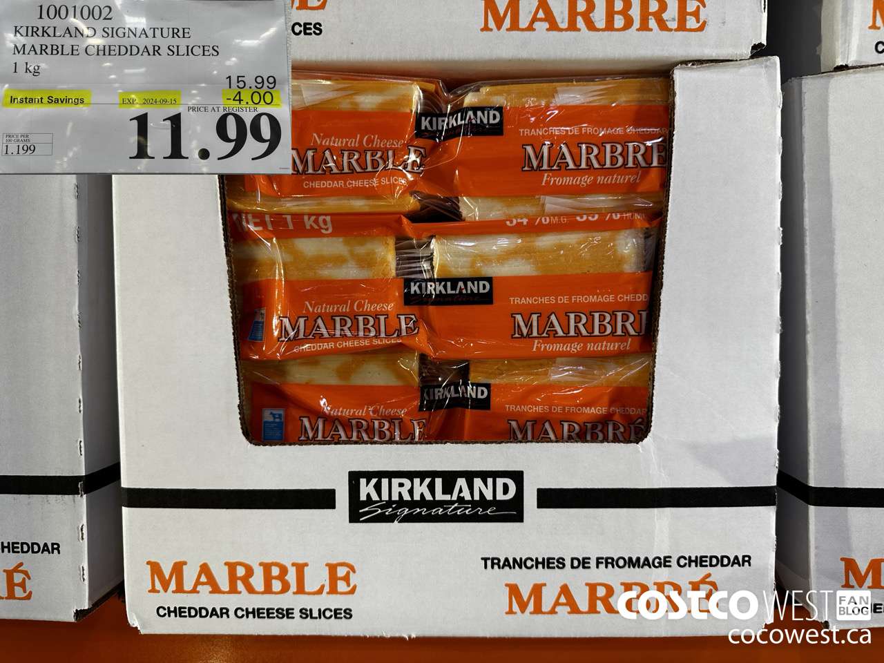 1001002 KIRKLAND SIGNATURE MARBLE CHEDDAR SLICES 1KG ($4.00 INSTANT SAVINGS EXPIRES ON 2024-09-15) $11.99